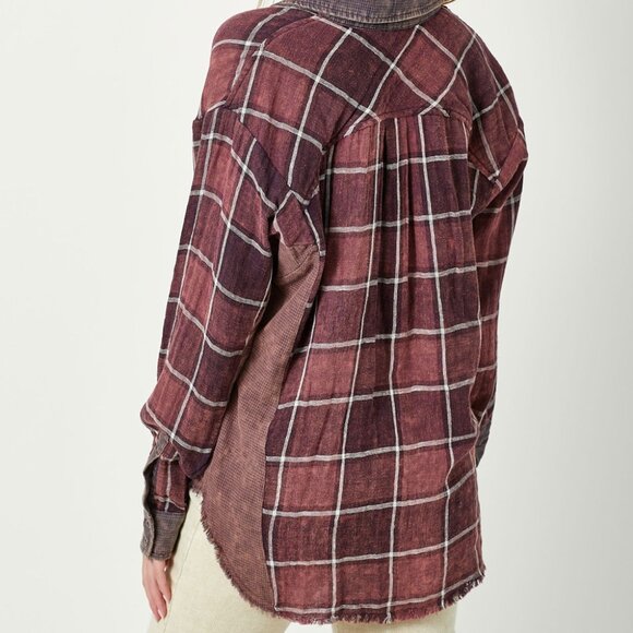 MYSTREE Oversized Plaid Button Down Shacket, Burgundy Wine Checkered, Grunge - Picture 4 of 8